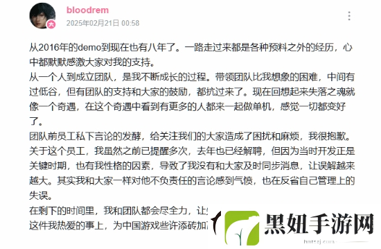 失落之魂制作人杨冰回应前员工私下言论的争议